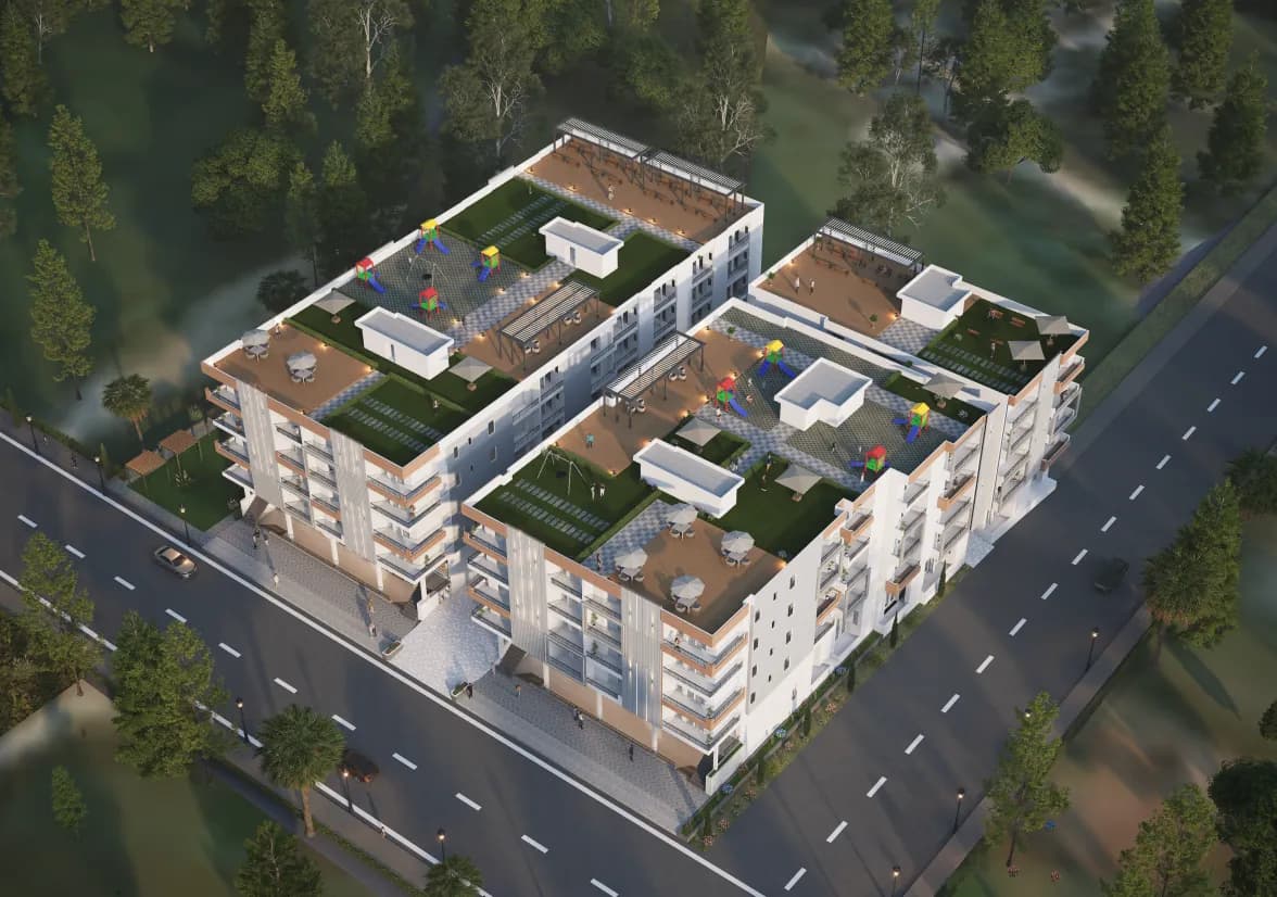 Aerial view of Twin Crown's eight low-rise blocks and their terrace gardens
