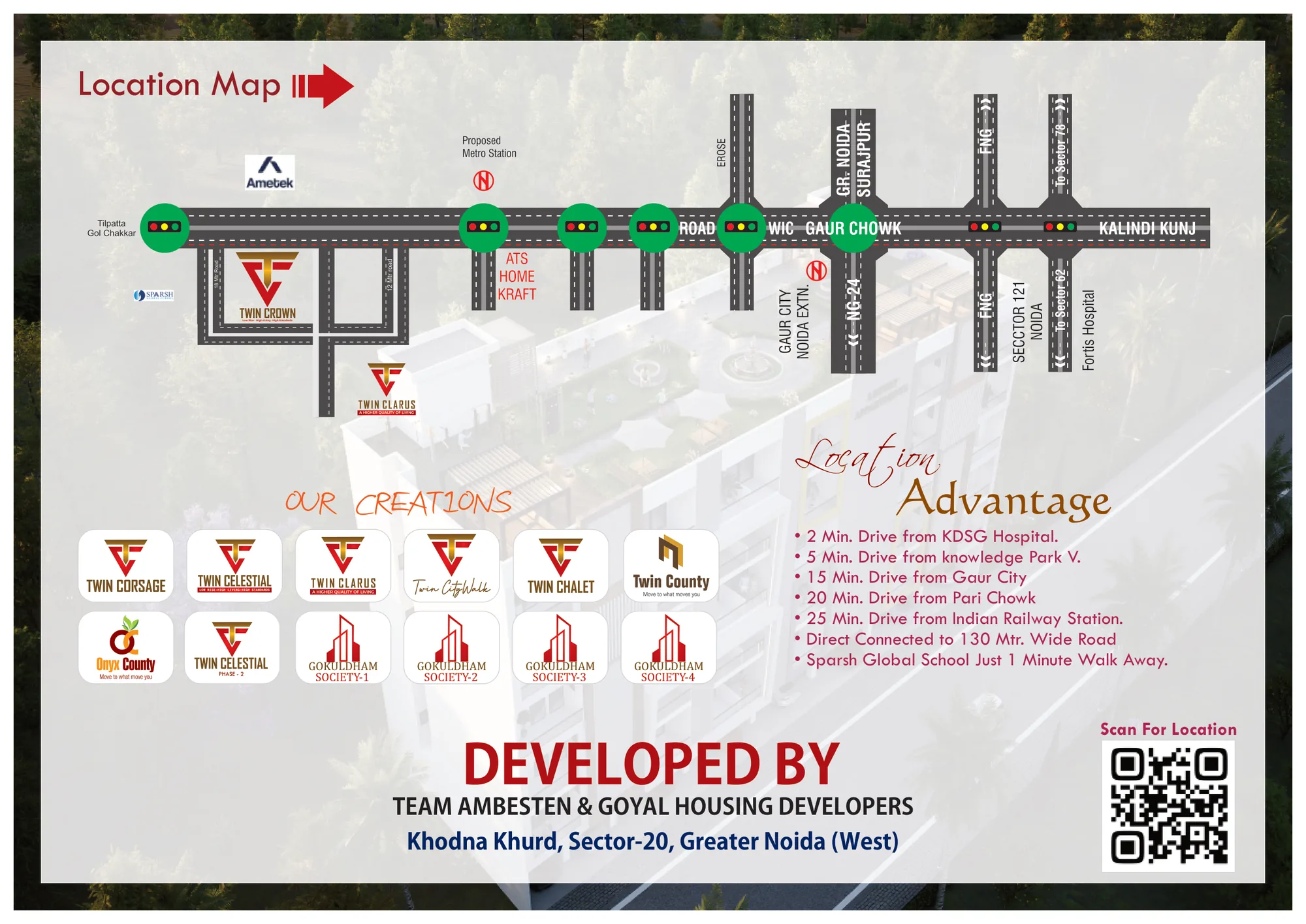 Location map showing Twin Crown on the 130 metre road with Gaur Chowk, NH-24, FNG and Kalindi Kunj
